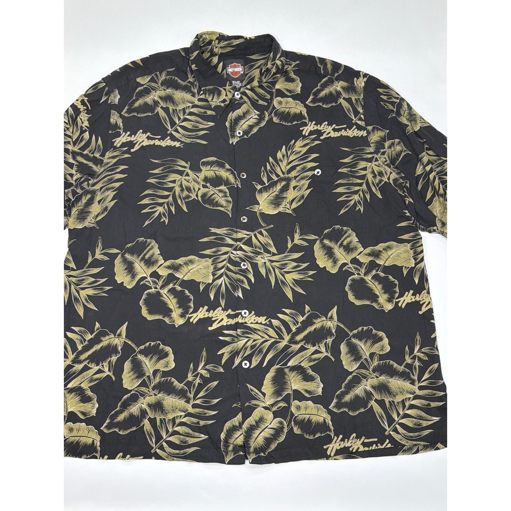 Harley Davidson Tori Richard Mens 2XL Silk Tropical Leaf Camp Shirt Black‎ Gold